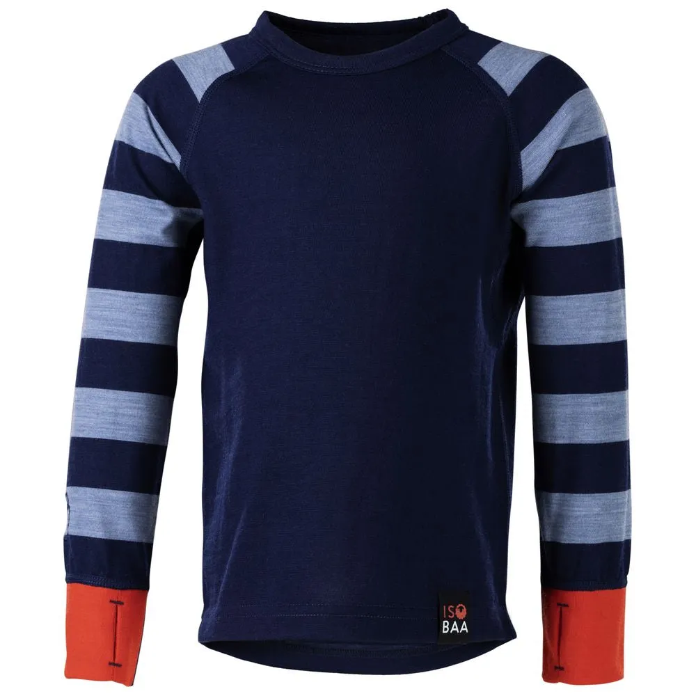 Kids Merino Blend 200 Long Sleeve Crew (Stripe Navy/Sky)