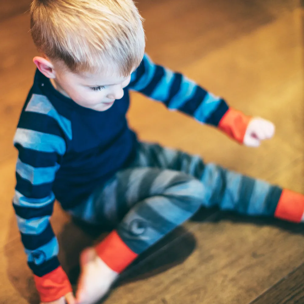 Kids Merino Blend 200 Long Sleeve Crew (Stripe Navy/Sky)