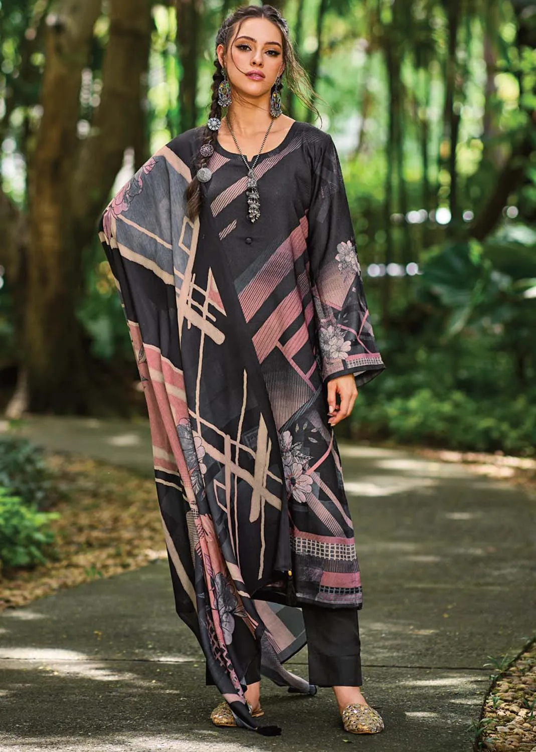 Kilory Pashmina Printed Black Women Winter Suit Dress Material