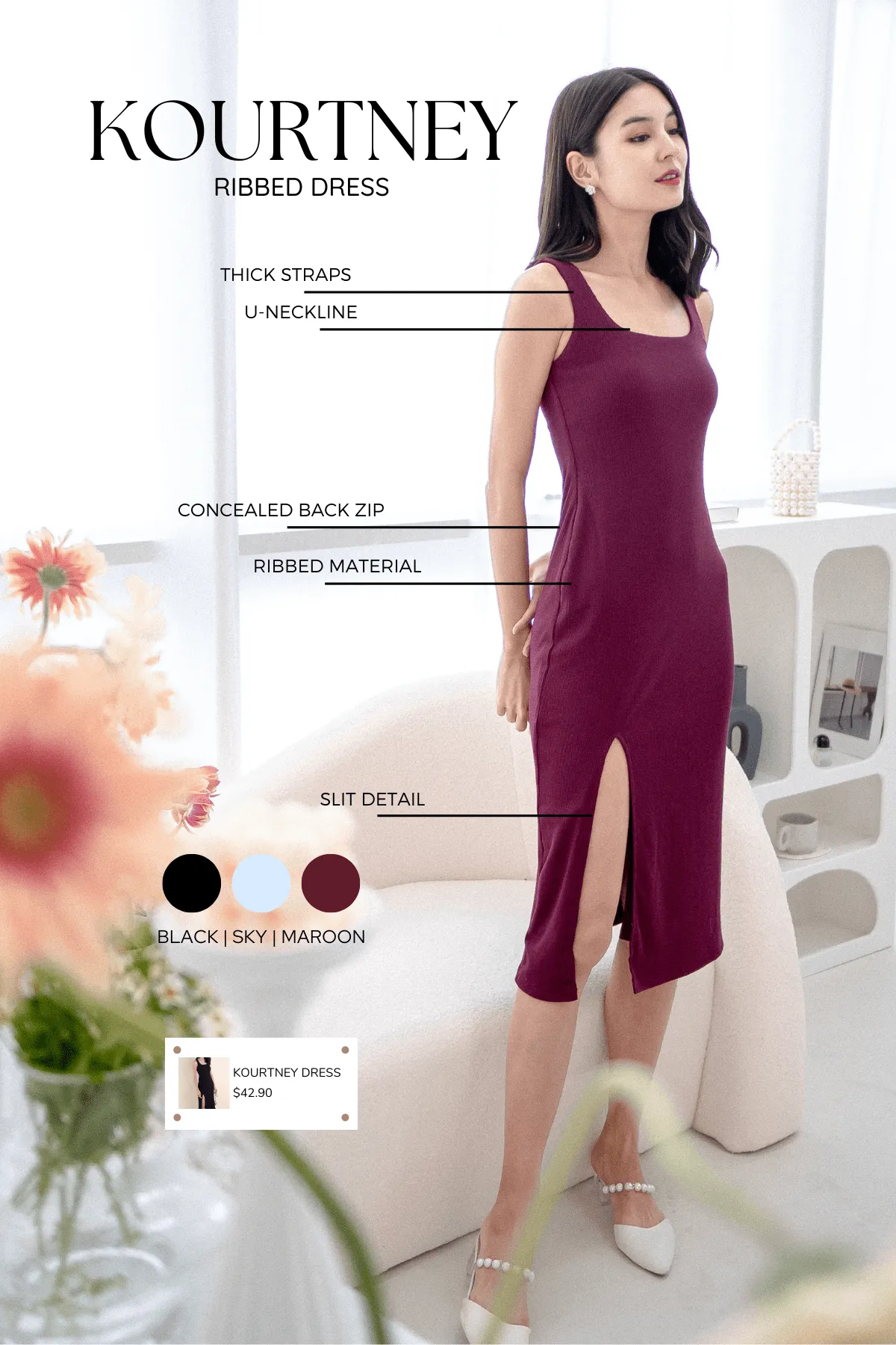 KOURTNEY RIBBED DRESS IN MAROON