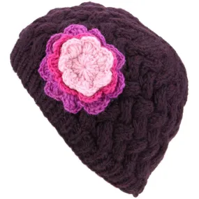 Ladies Wool Cable Knit Beanie Hat with Contrast Flower - Purple