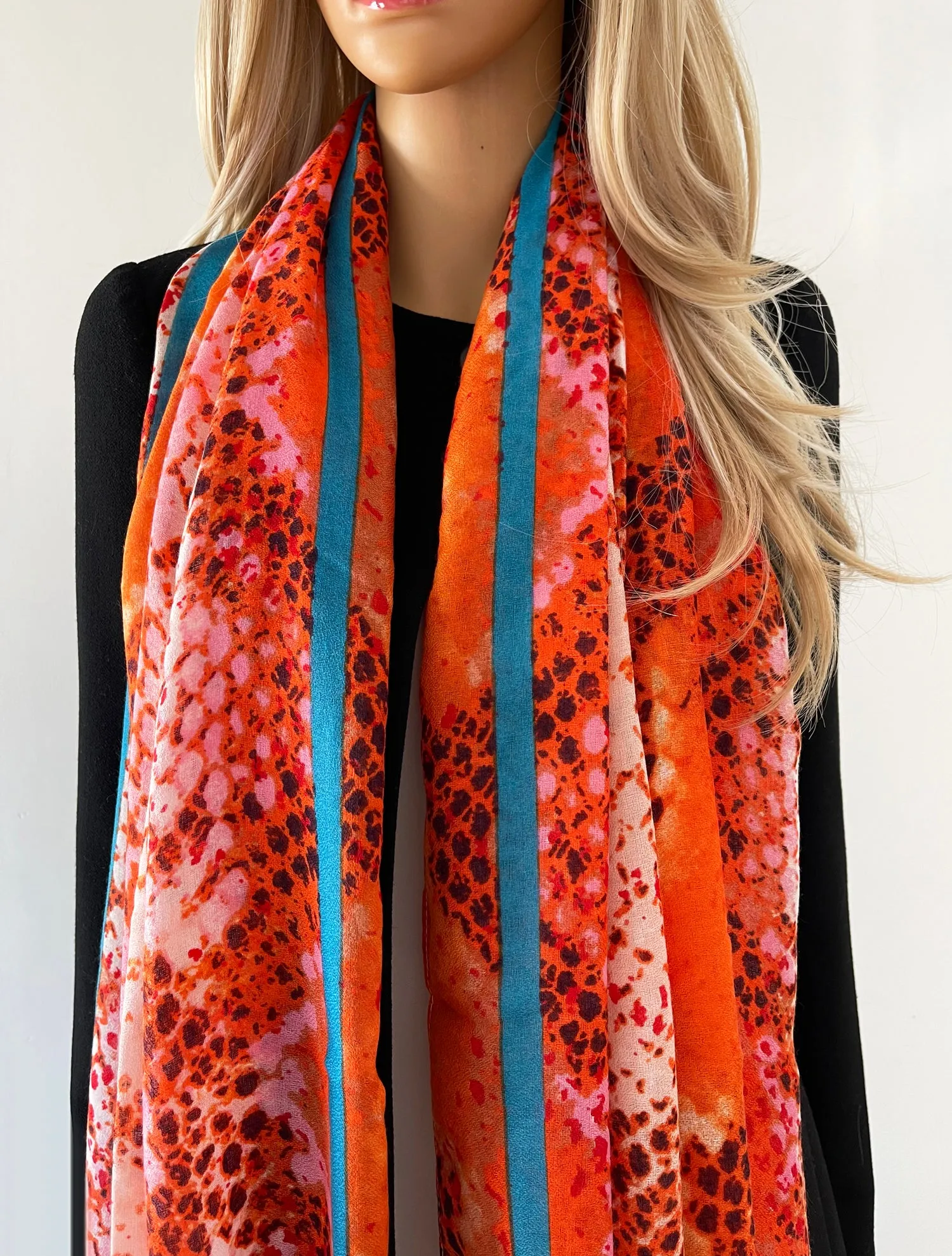 LARGE ORANGE SNAKESKIN PRINT SHAWL SCARF WITH STRIPE