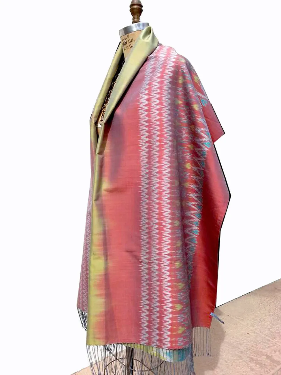 Large Silk Ikat Shawl Throw Aqua Celadon Red