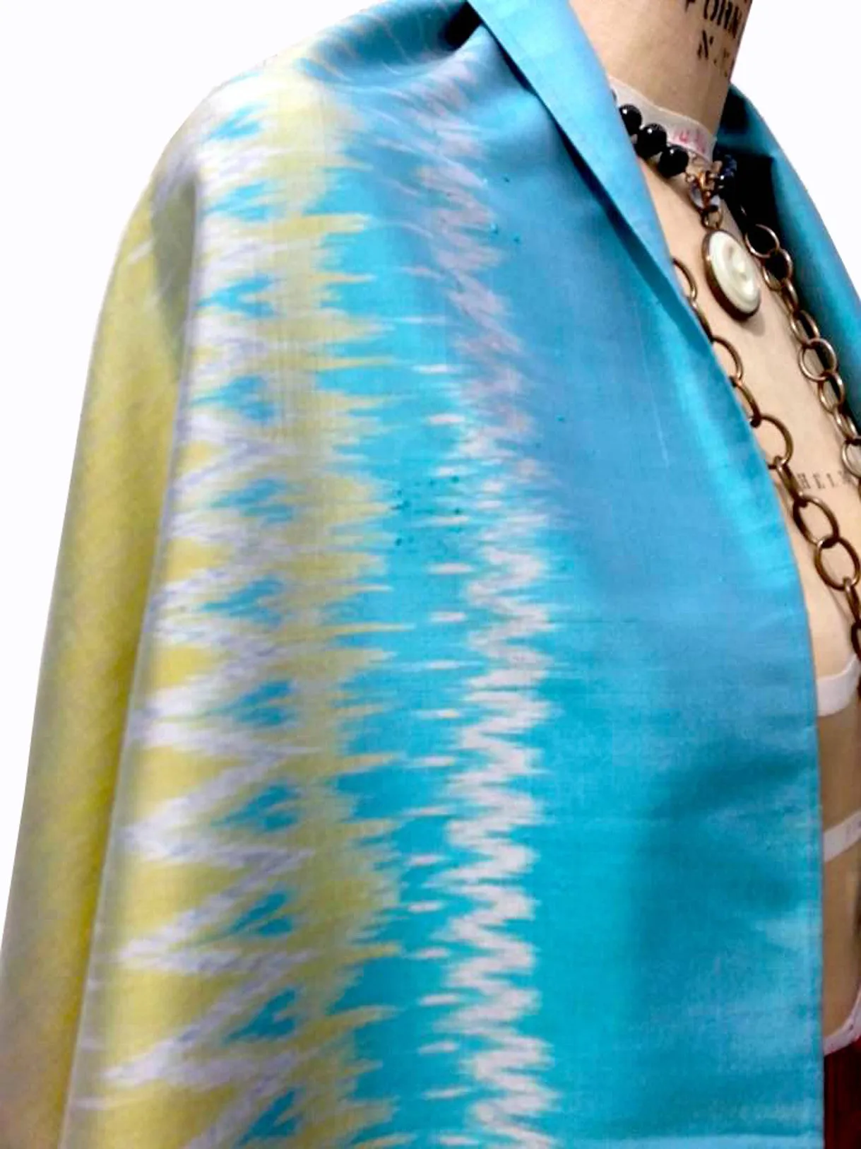 Large Silk Ikat Shawl Throw Aqua Celadon Red