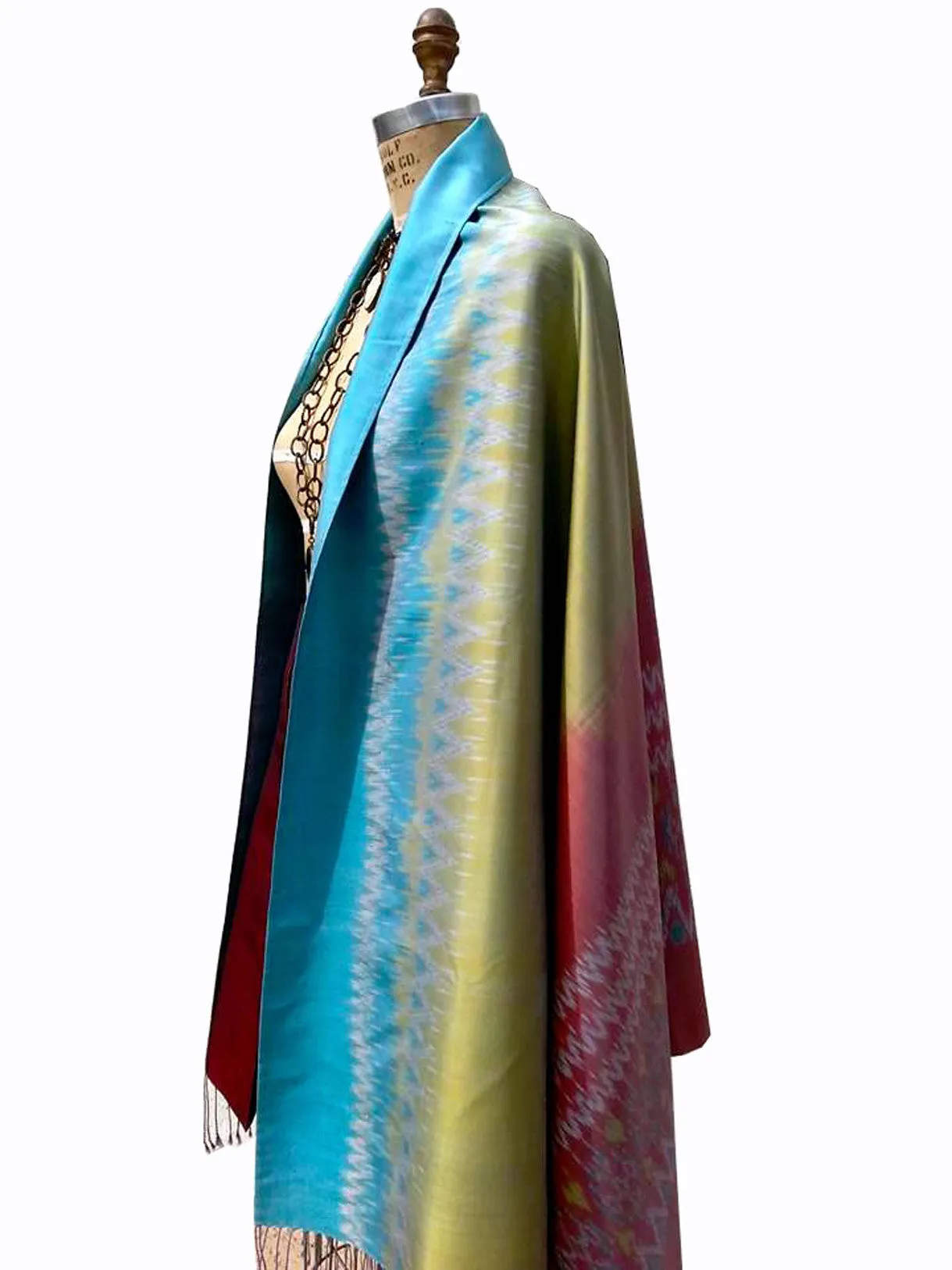 Large Silk Ikat Shawl Throw Aqua Celadon Red