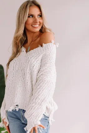 Latte Meet Up Distressed Sweater in White