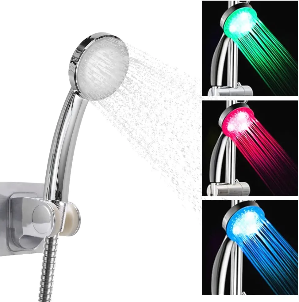 LEDGLE LED shower head with hose, shower head, hand shower, 3 colors, temperature control, color change and holder without drilling, water-saving, pressure-increasing, universal shower head