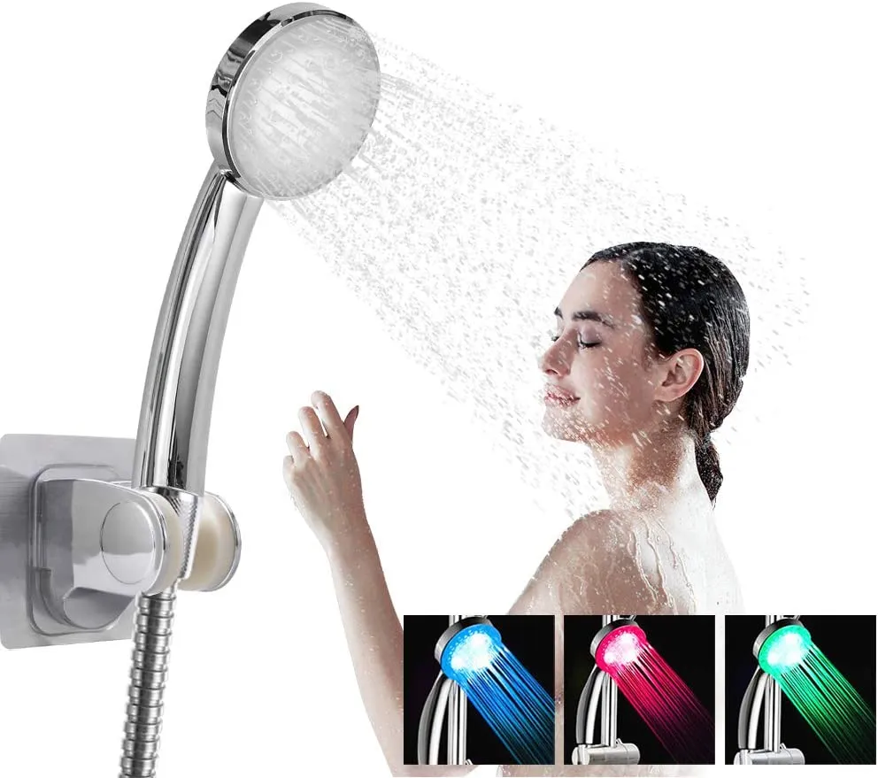 LEDGLE LED shower head with hose, shower head, hand shower, 3 colors, temperature control, color change and holder without drilling, water-saving, pressure-increasing, universal shower head