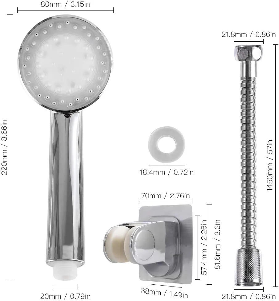 LEDGLE LED shower head with hose, shower head, hand shower, 3 colors, temperature control, color change and holder without drilling, water-saving, pressure-increasing, universal shower head