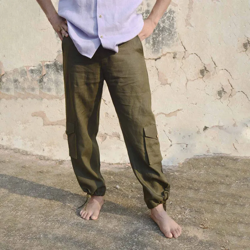 Linen Cargo Pants for Men | Olive | Relax Fit