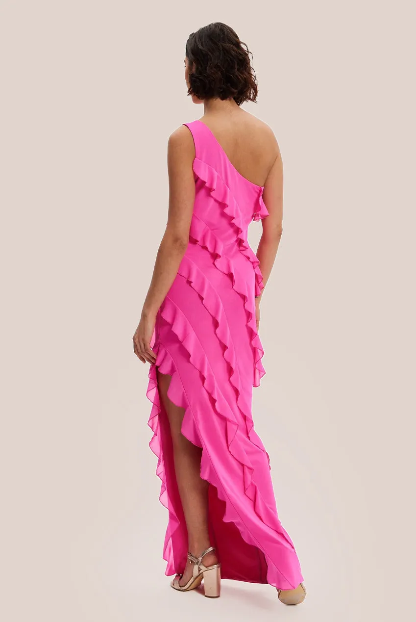 Liquorish Diagonal Ruffle One Shoulder Mesh Maxi Dress