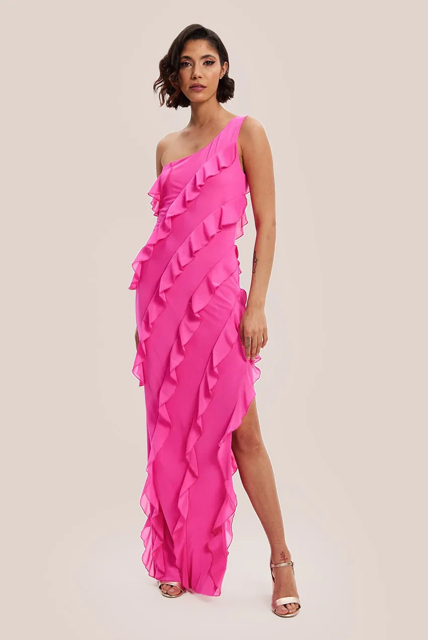 Liquorish Diagonal Ruffle One Shoulder Mesh Maxi Dress