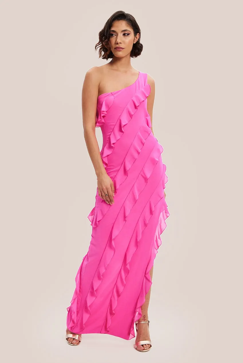 Liquorish Diagonal Ruffle One Shoulder Mesh Maxi Dress