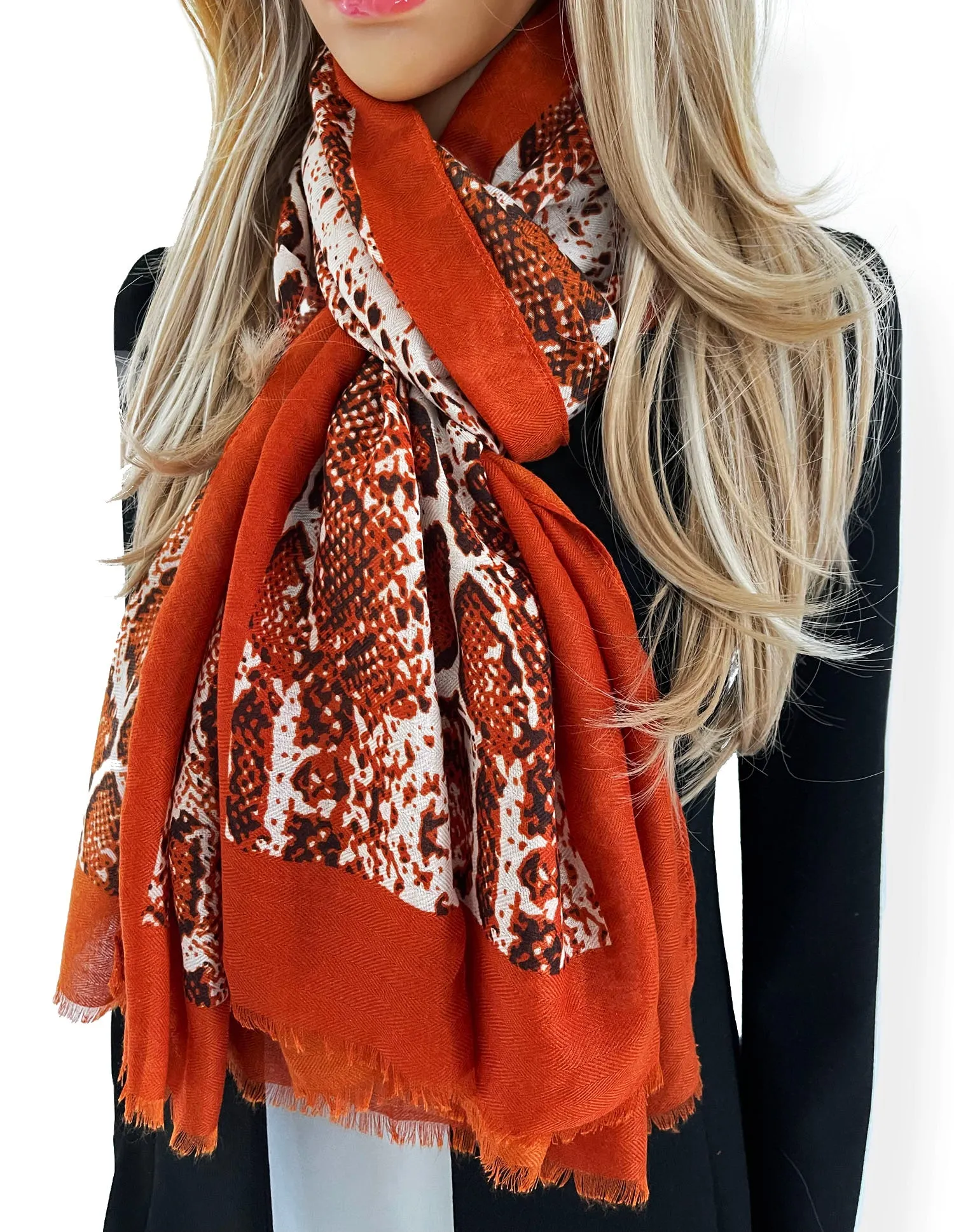 LONG RUST ORANGE SNAKESKIN PRINT LIGHTWEIGHT SCARF