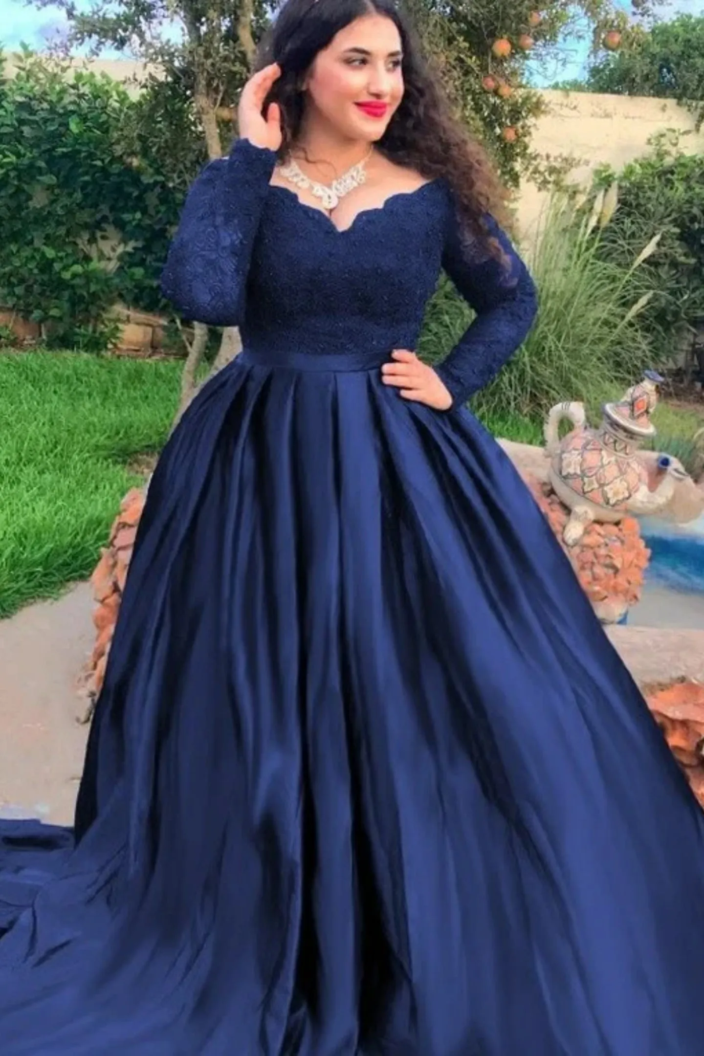 Long Sleeves V Neck Navy Blue Lace Long Prom Dress, Navy Blue Lace Formal Evening Dress, Navy Blue Ball Gown A2225