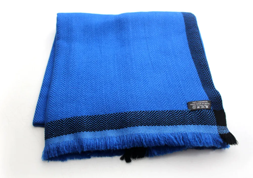 Luxurious Blue 100 % Exclusive Cashmere Shawl with Border Herringbone Pattern