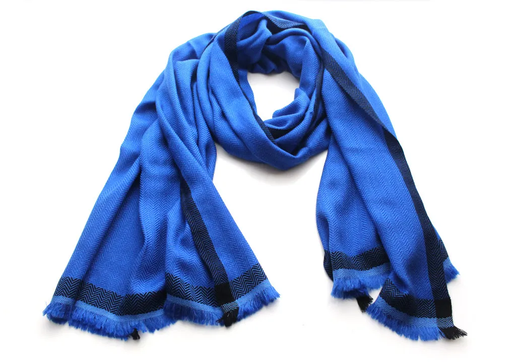 Luxurious Blue 100 % Exclusive Cashmere Shawl with Border Herringbone Pattern