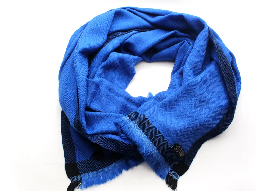 Luxurious Blue 100 % Exclusive Cashmere Shawl with Border Herringbone Pattern