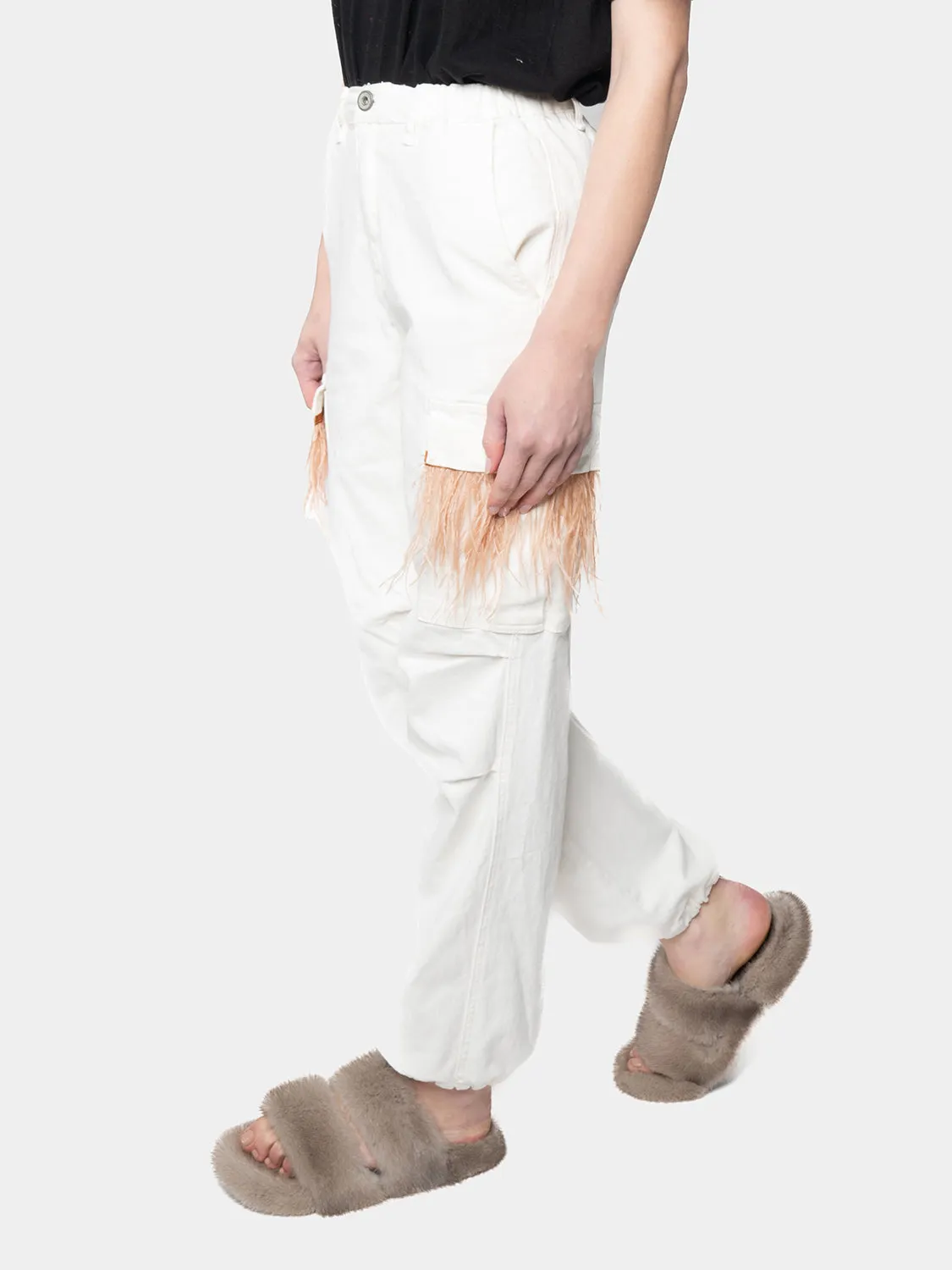 MADRID-White Cargo Pants White Feathers Marabou Beige