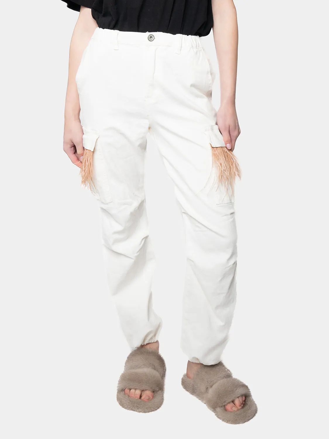 MADRID-White Cargo Pants White Feathers Marabou Beige