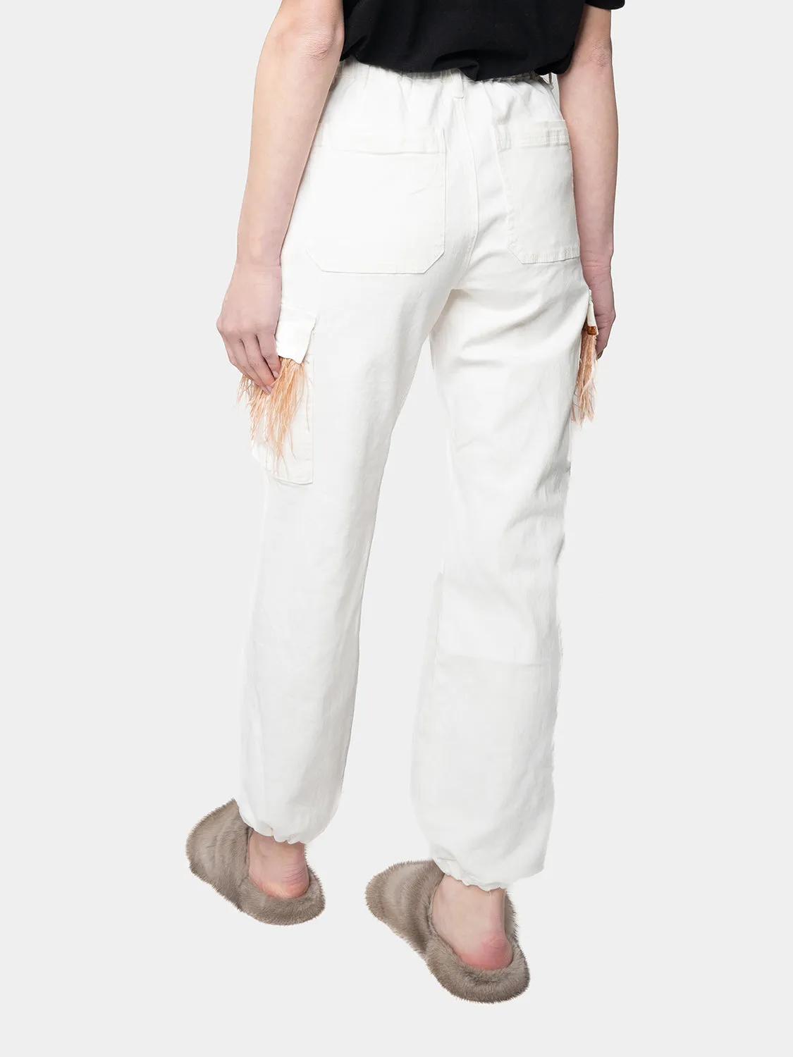 MADRID-White Cargo Pants White Feathers Marabou Beige