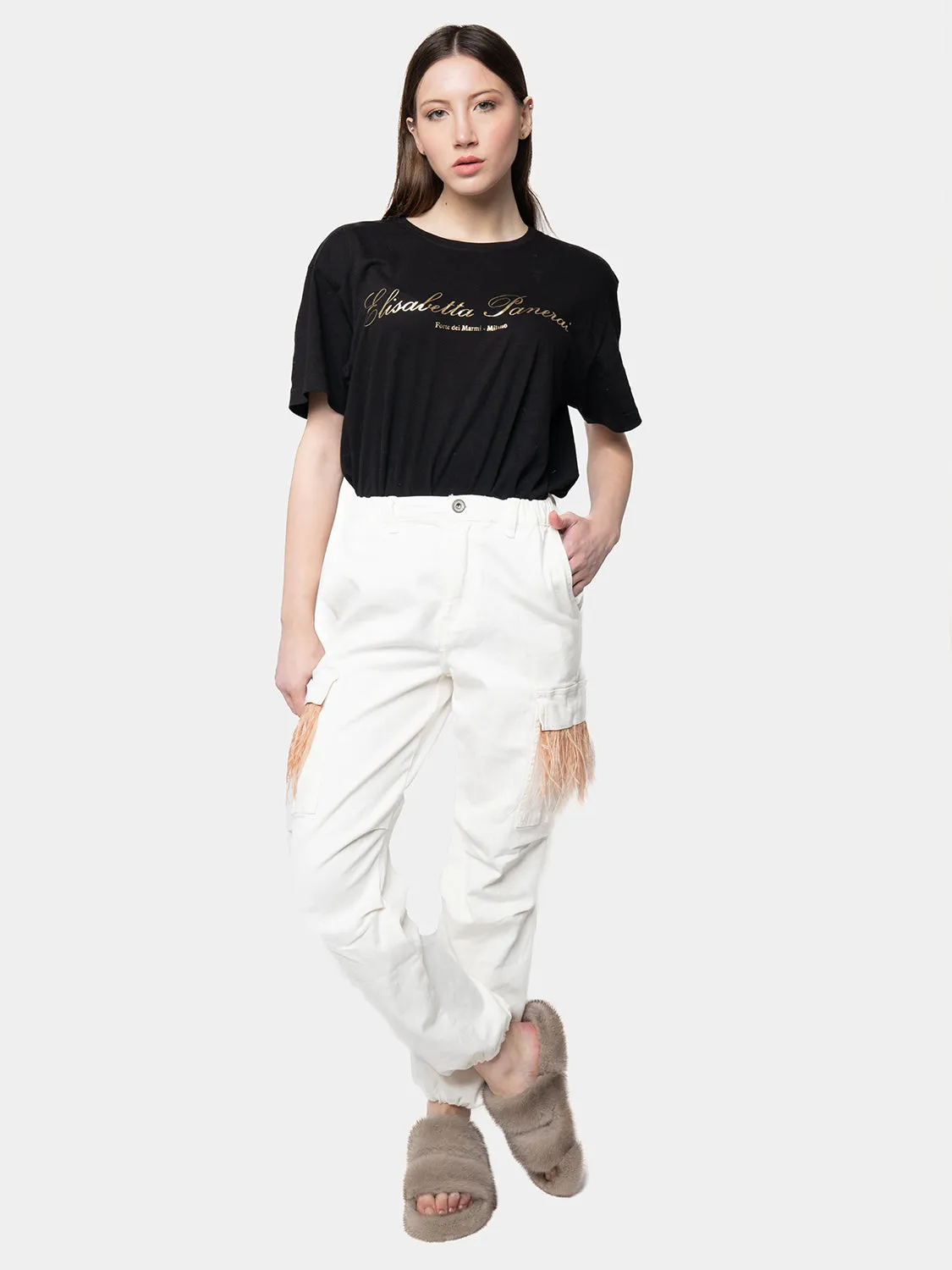 MADRID-White Cargo Pants White Feathers Marabou Beige