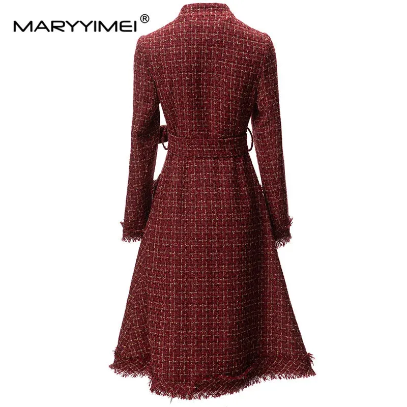 MARYYIMEI Designer Overcoat Women's O-Neck Long Sleeves Detachable Girdle Small Diamond Button Plaid Tweed Coat