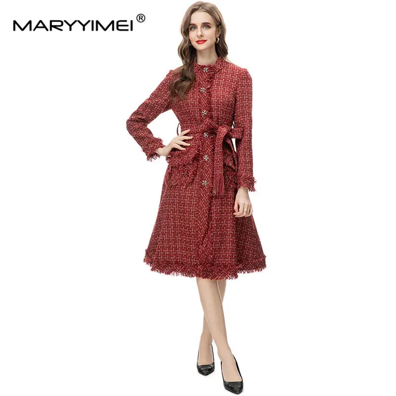 MARYYIMEI Designer Overcoat Women's O-Neck Long Sleeves Detachable Girdle Small Diamond Button Plaid Tweed Coat