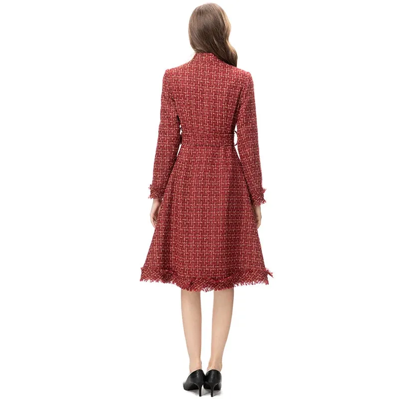 MARYYIMEI Designer Overcoat Women's O-Neck Long Sleeves Detachable Girdle Small Diamond Button Plaid Tweed Coat