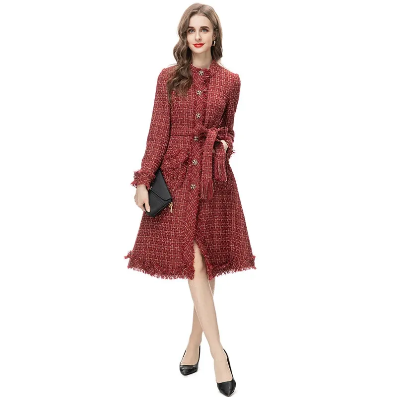 MARYYIMEI Designer Overcoat Women's O-Neck Long Sleeves Detachable Girdle Small Diamond Button Plaid Tweed Coat