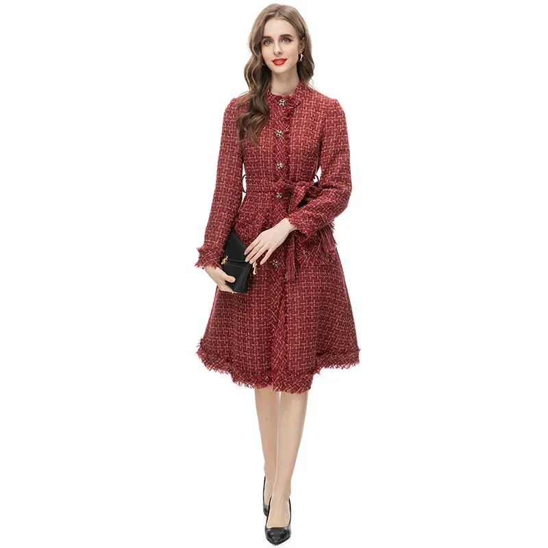 MARYYIMEI Designer Overcoat Women's O-Neck Long Sleeves Detachable Girdle Small Diamond Button Plaid Tweed Coat