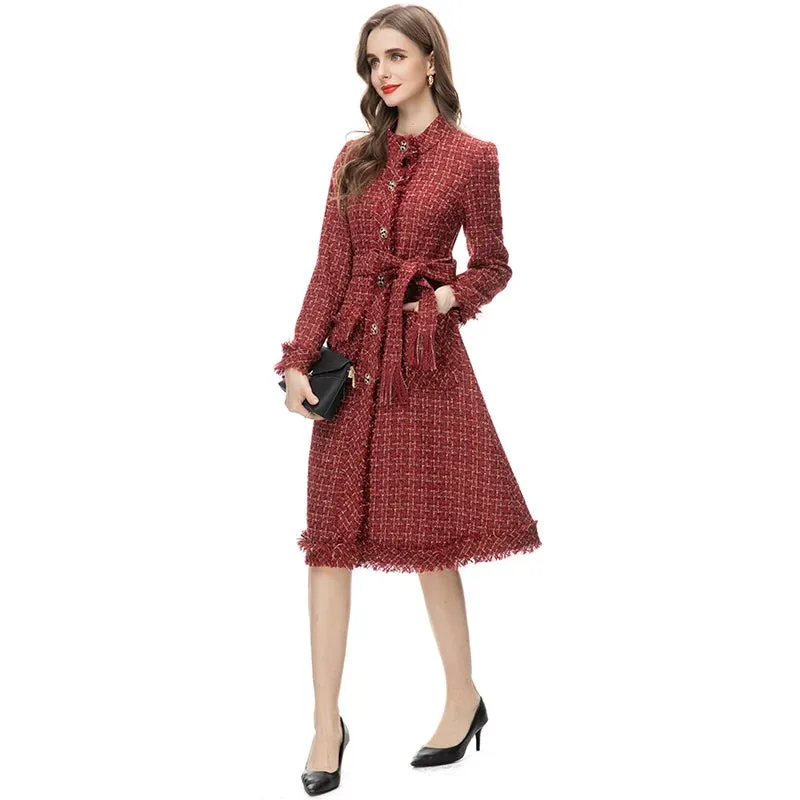 MARYYIMEI Designer Overcoat Women's O-Neck Long Sleeves Detachable Girdle Small Diamond Button Plaid Tweed Coat