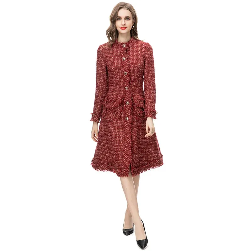 MARYYIMEI Designer Overcoat Women's O-Neck Long Sleeves Detachable Girdle Small Diamond Button Plaid Tweed Coat