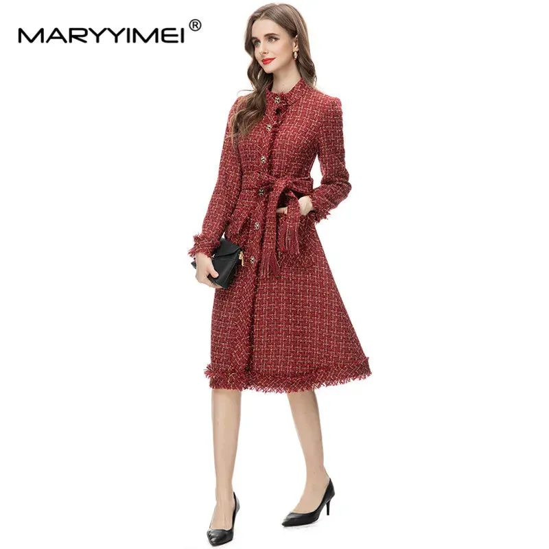 MARYYIMEI Designer Overcoat Women's O-Neck Long Sleeves Detachable Girdle Small Diamond Button Plaid Tweed Coat