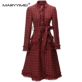 MARYYIMEI Designer Overcoat Women's O-Neck Long Sleeves Detachable Girdle Small Diamond Button Plaid Tweed Coat