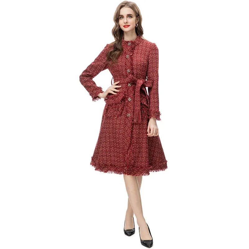 MARYYIMEI Designer Overcoat Women's O-Neck Long Sleeves Detachable Girdle Small Diamond Button Plaid Tweed Coat