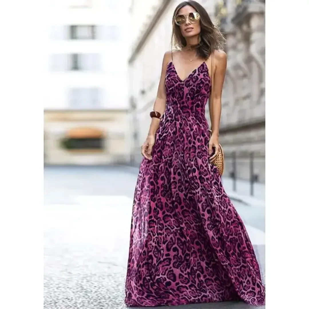 Maxi Dress - 2024 Fashion Sexy Leopard V-Neck Elegant Party Dress