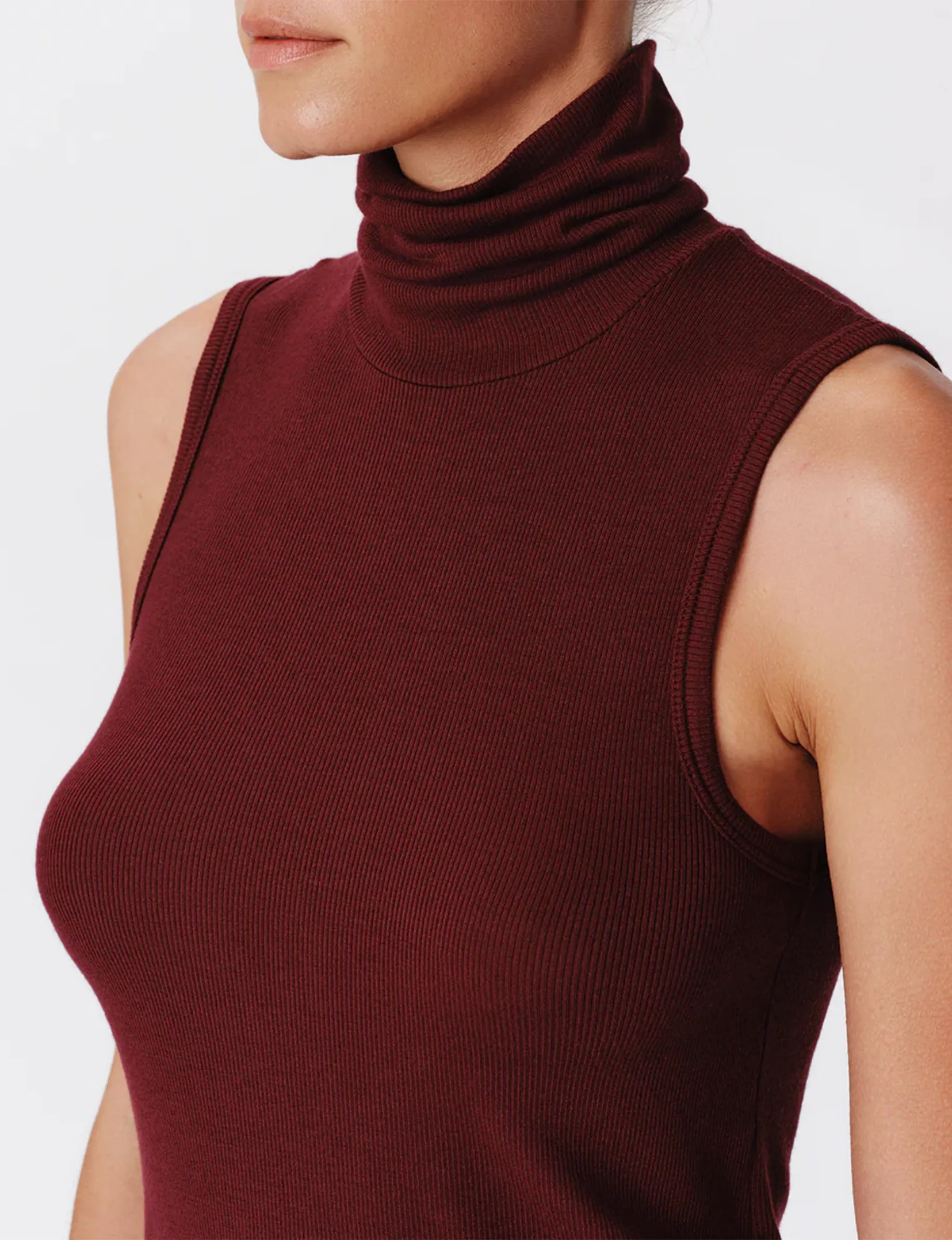 Modal Rib Sleeveless Turtleneck Top, Merlot