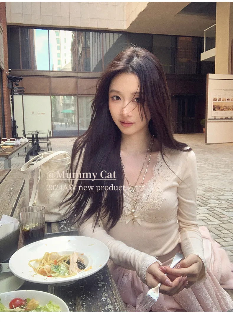 [Mummy Cat] My Dream Angel Embroidery Lace Knit Top Sweatshirt