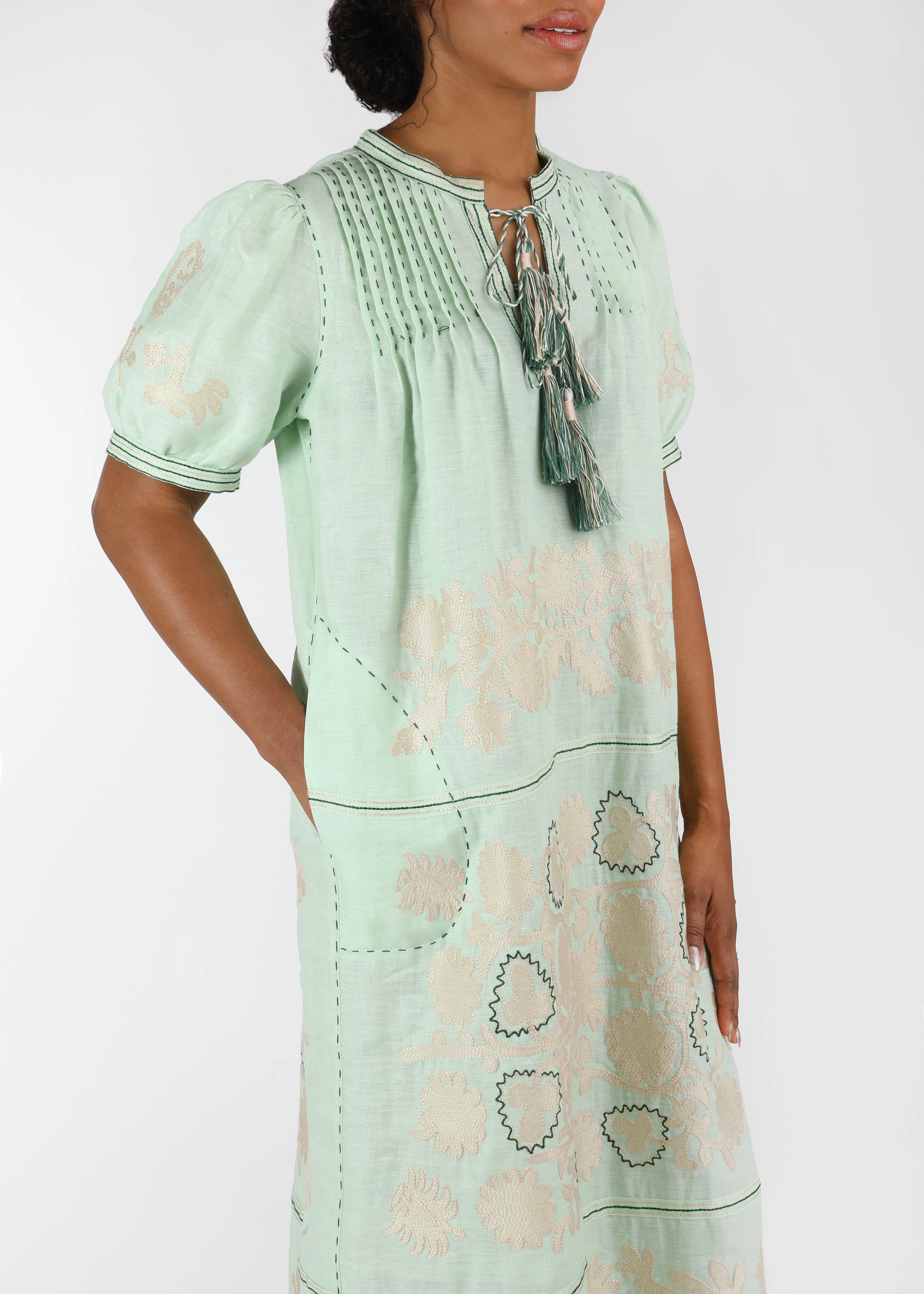 Natalia Ukrainian Embroidered Dress - Mint