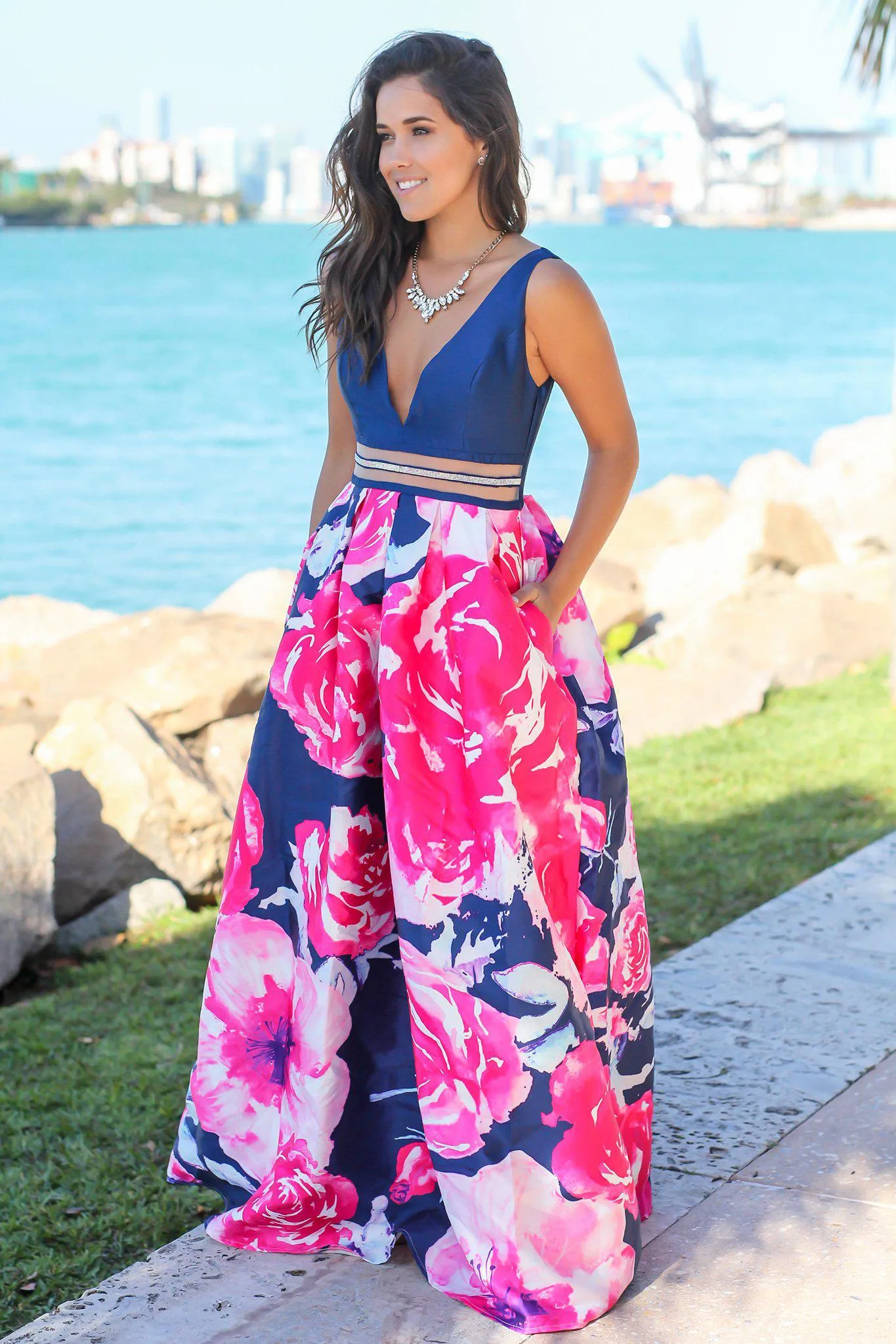 Navy and Fuchsia Floral Maxi Dress with Waist Detail