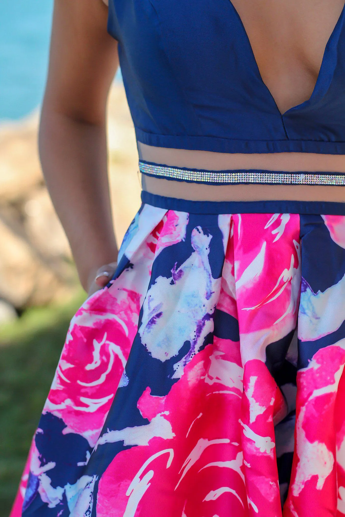 Navy and Fuchsia Floral Maxi Dress with Waist Detail