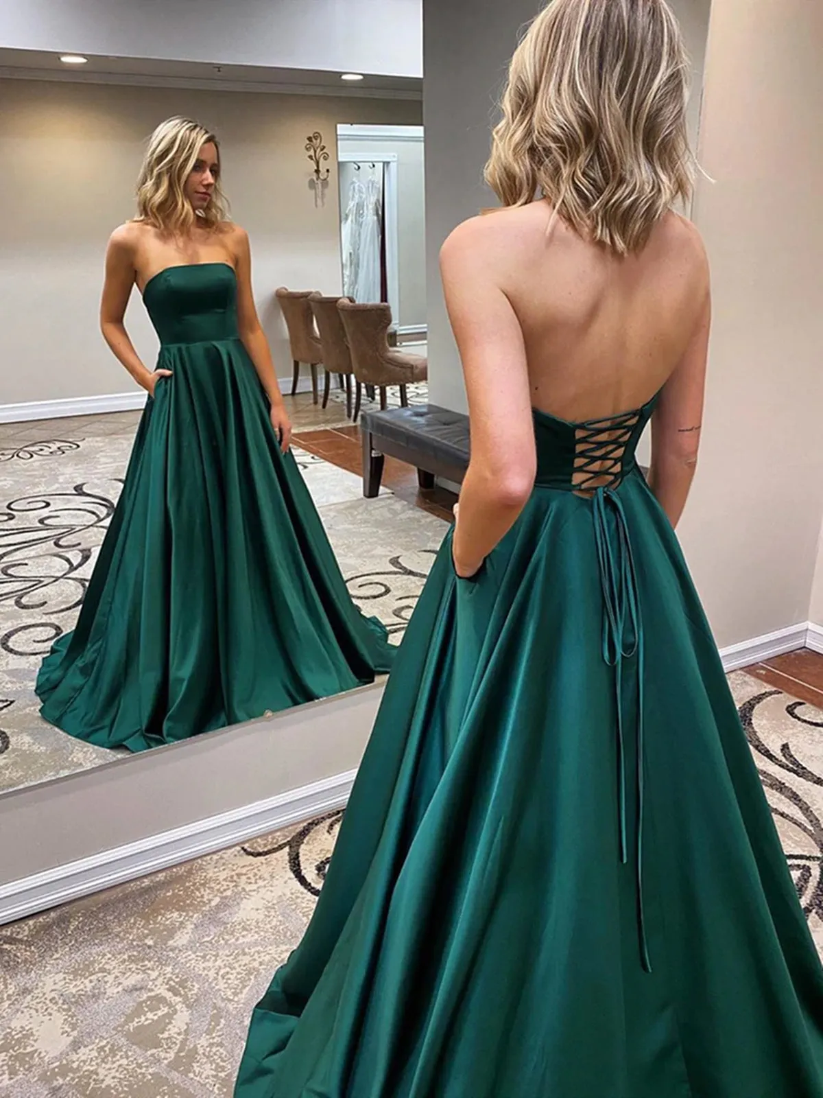 Open Back Strapless Green Satin Long Prom Dresses with Pocket, Strapless Green Formal Graduation Evening Dresses