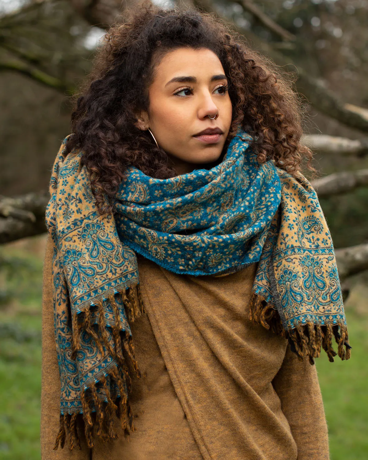 Paisley Leaves Shawl Scarf Sky Blue