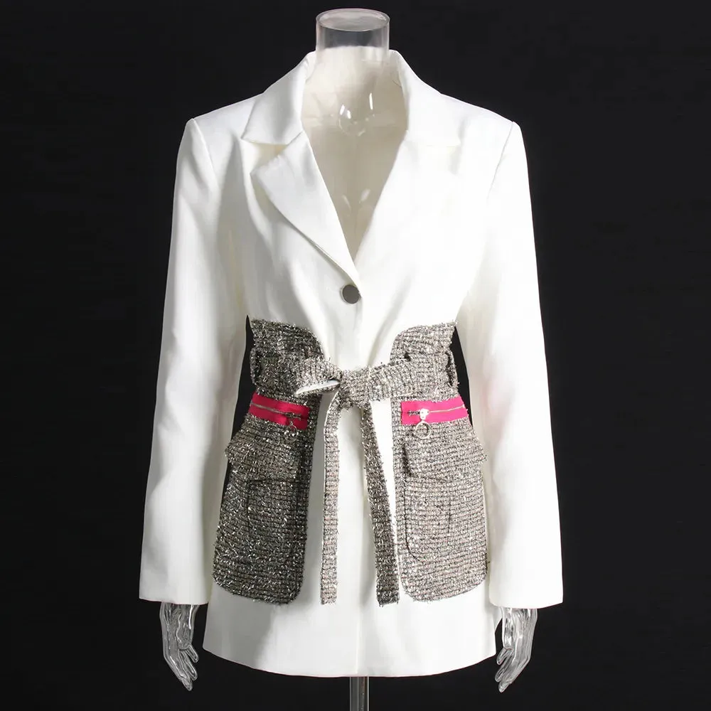 Patchwork Diamond Blazer For Women Notched Collar Long Sleeve Elegant Colorblock Blazers Female Clothes Fashion