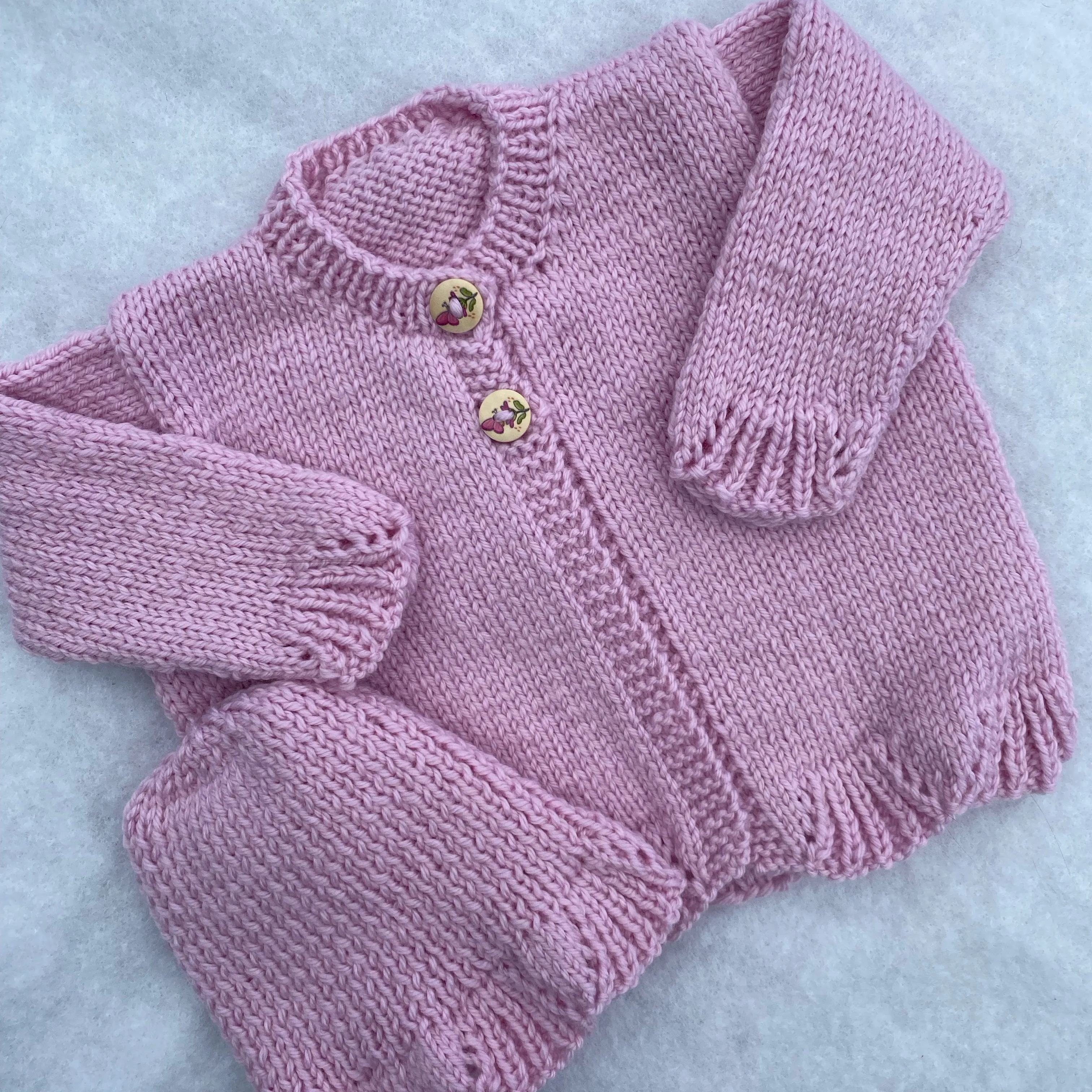 "Poppy" hand knit merino baby cardigan & hat set