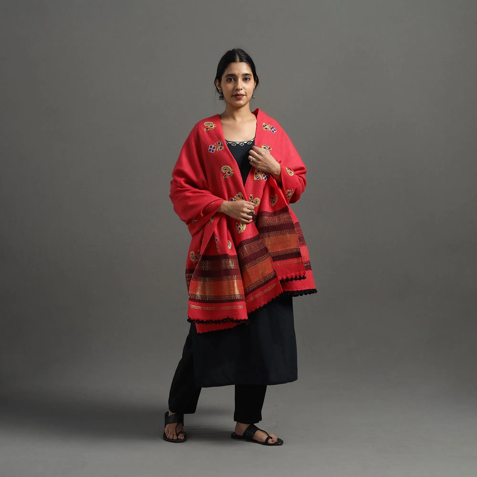 Red - Kutch Ahir Hand Embroidery Woollen Shawl 38