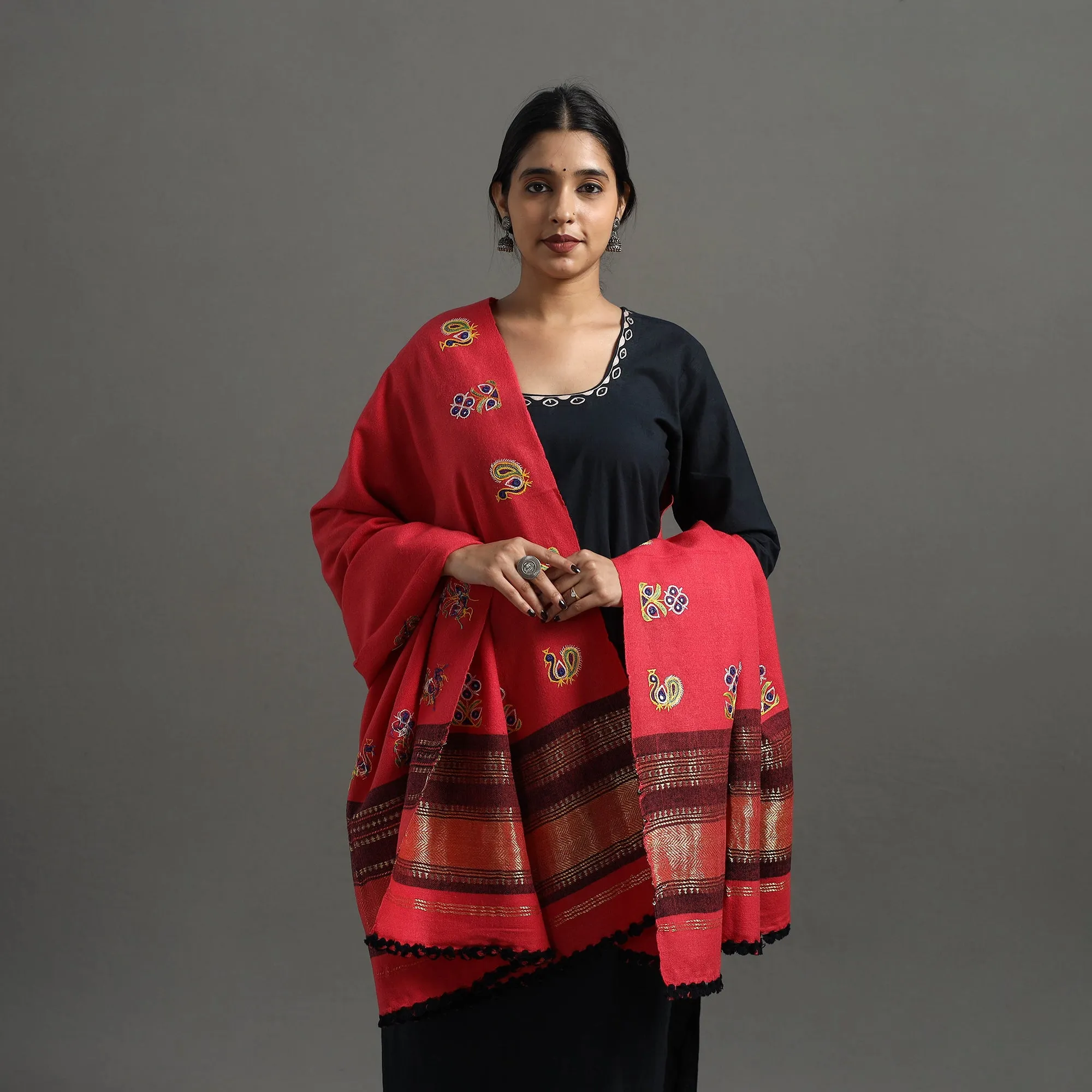 Red - Kutch Ahir Hand Embroidery Woollen Shawl 38