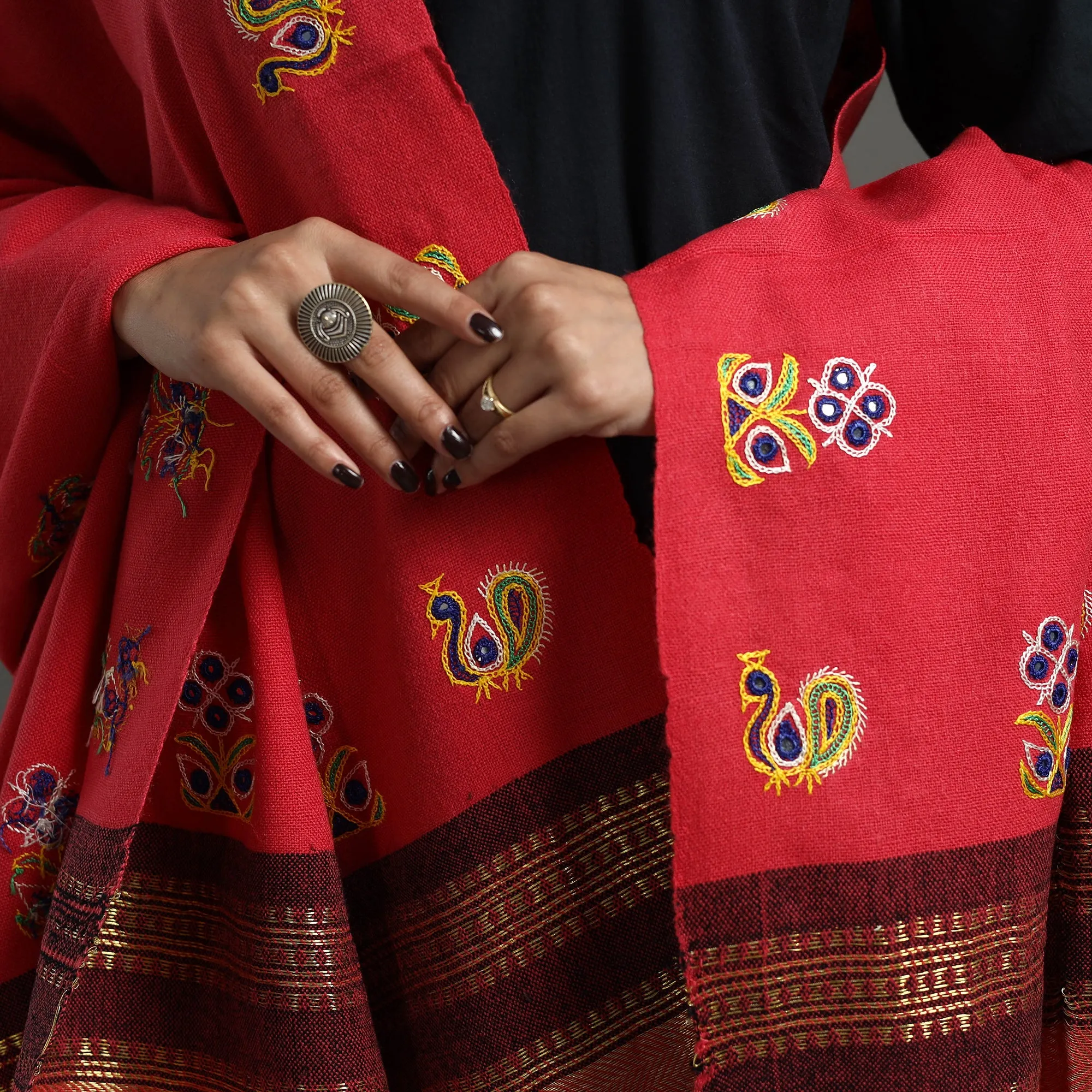 Red - Kutch Ahir Hand Embroidery Woollen Shawl 38