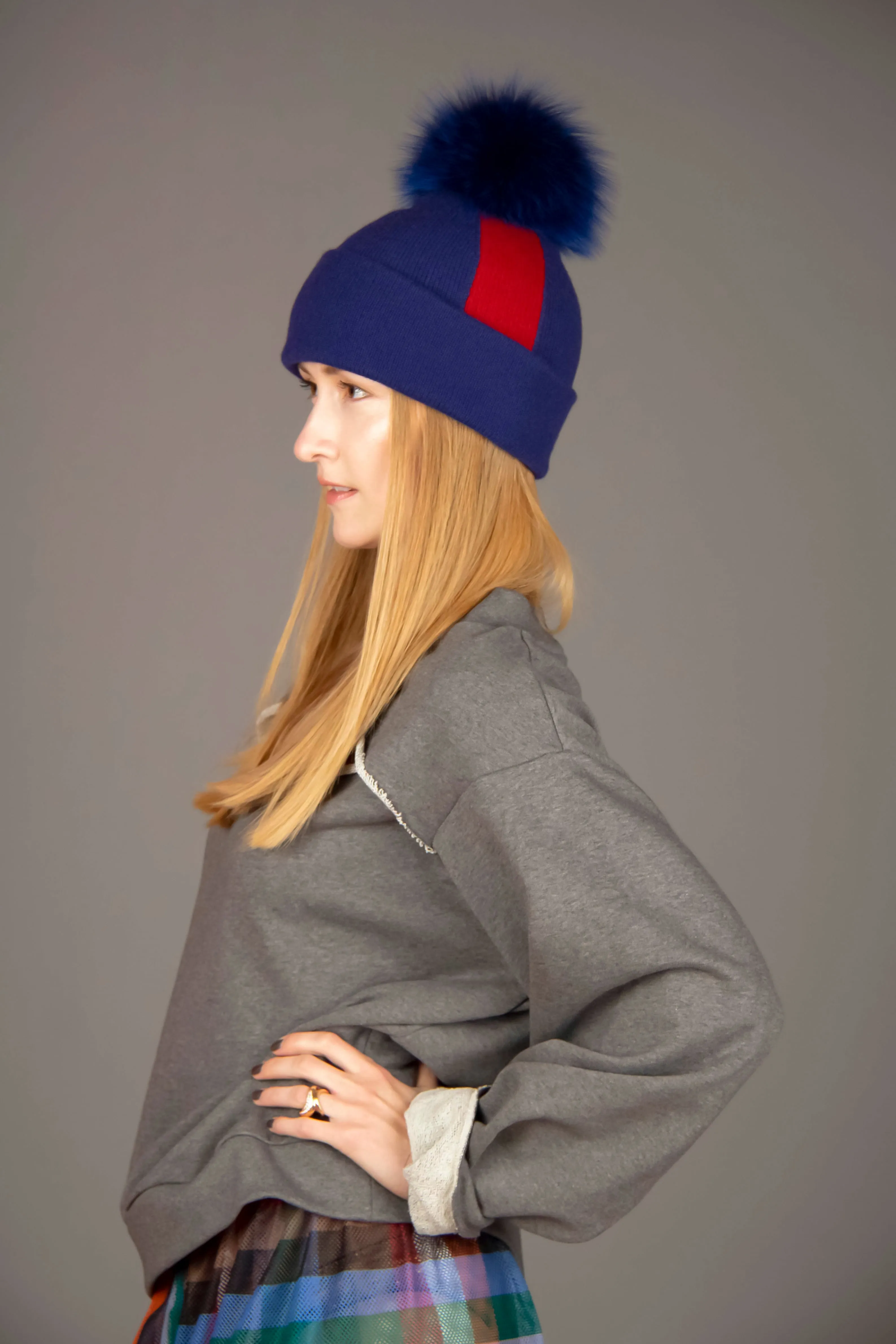 Reversible Slouchy Blue and Red Striped Cashmere Hat with Electric Blue Pom-Pom